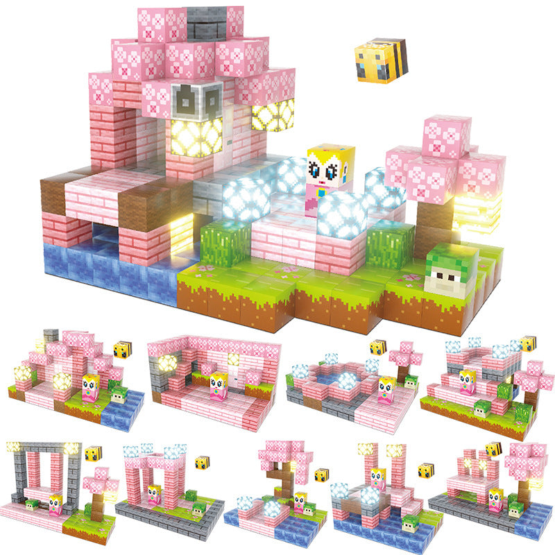 amazon 132pc light magnetic building block cherry blossom plant pink set magnetic cube girl assembling toy